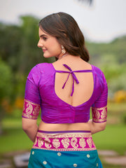 Peacock Blue & Magenta Pink Woven Jacquard Silk Saree with Blouse Piece
