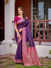 Deep Purple & Magenta Pink Woven Jacquard Silk Saree with Blouse Piece