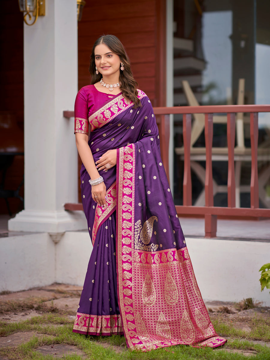 Royal Purple Silk Saree with Magenta Pink & Gold Zari Border | Traditional Indian Ethnic Wear