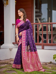 Royal Purple Silk Saree with Magenta Pink & Gold Zari Border | Traditional Indian Ethnic Wear