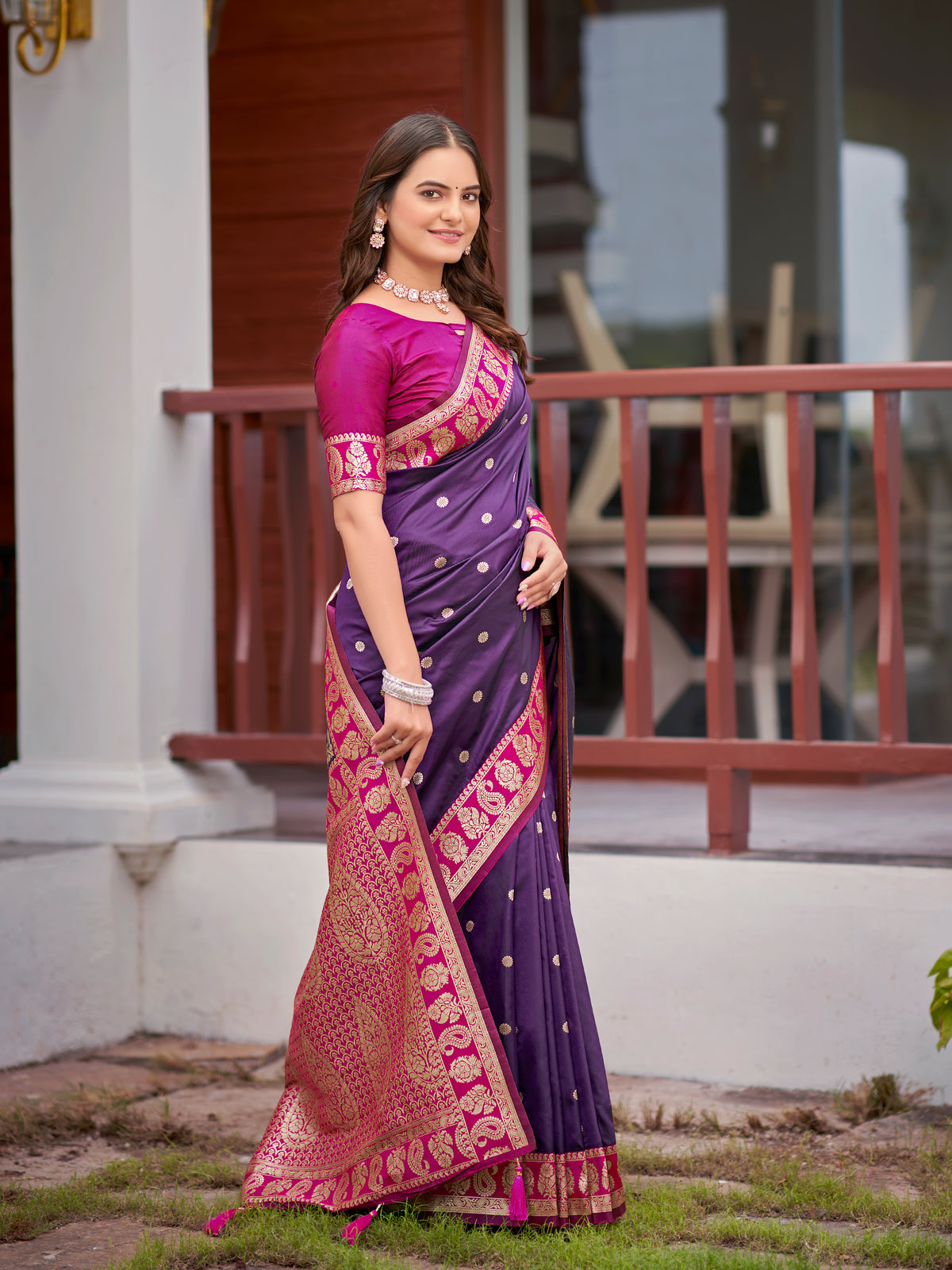 Royal Purple Silk Saree with Magenta Pink & Gold Zari Border | Traditional Indian Ethnic Wear