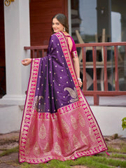 Royal Purple Silk Saree with Magenta Pink & Gold Zari Border | Traditional Indian Ethnic Wear