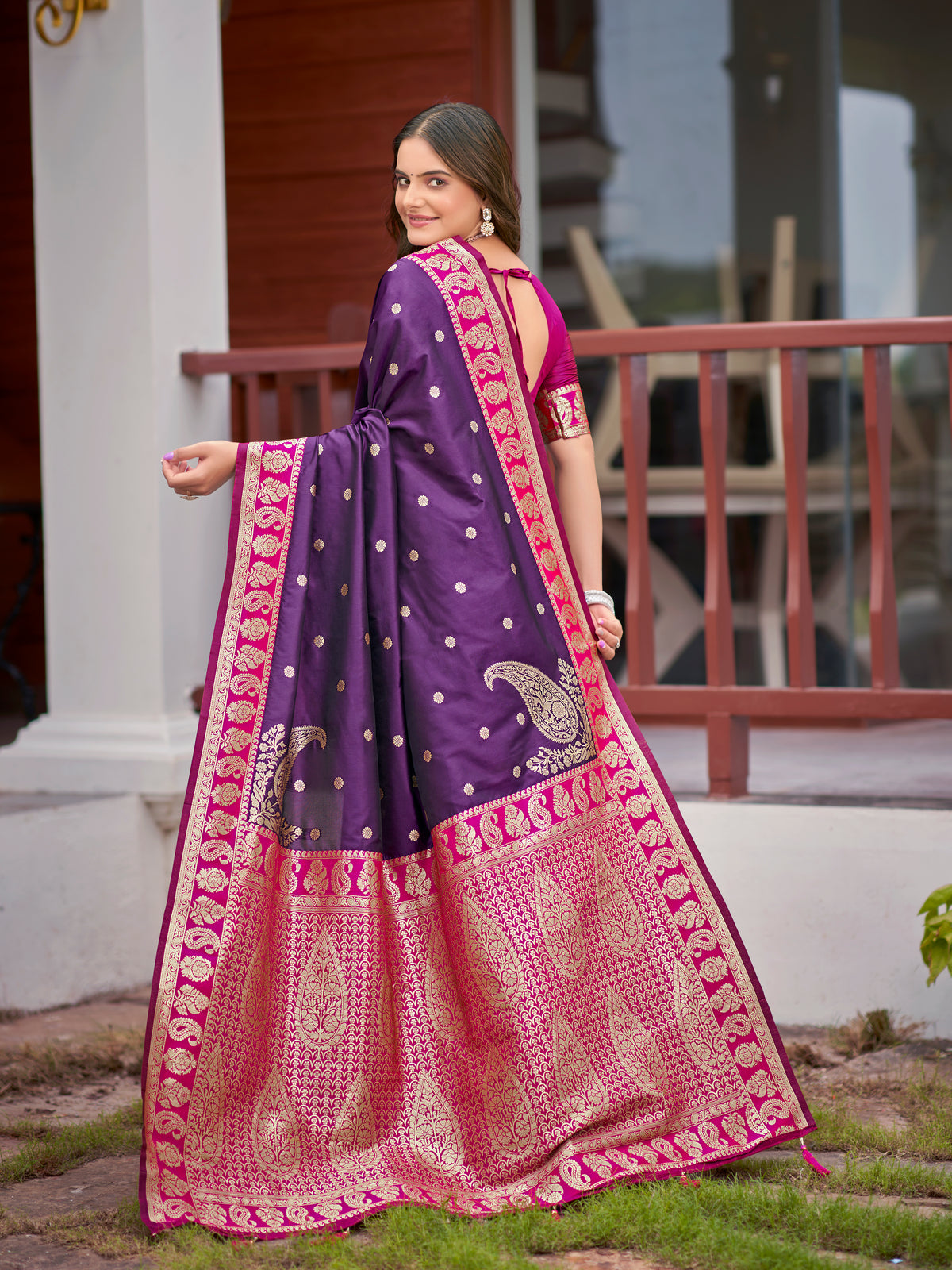 Royal Purple Silk Saree with Magenta Pink & Gold Zari Border | Traditional Indian Ethnic Wear