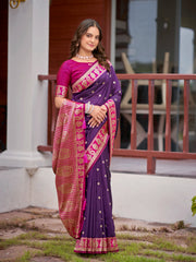 Royal Purple Silk Saree with Magenta Pink & Gold Zari Border | Traditional Indian Ethnic Wear
