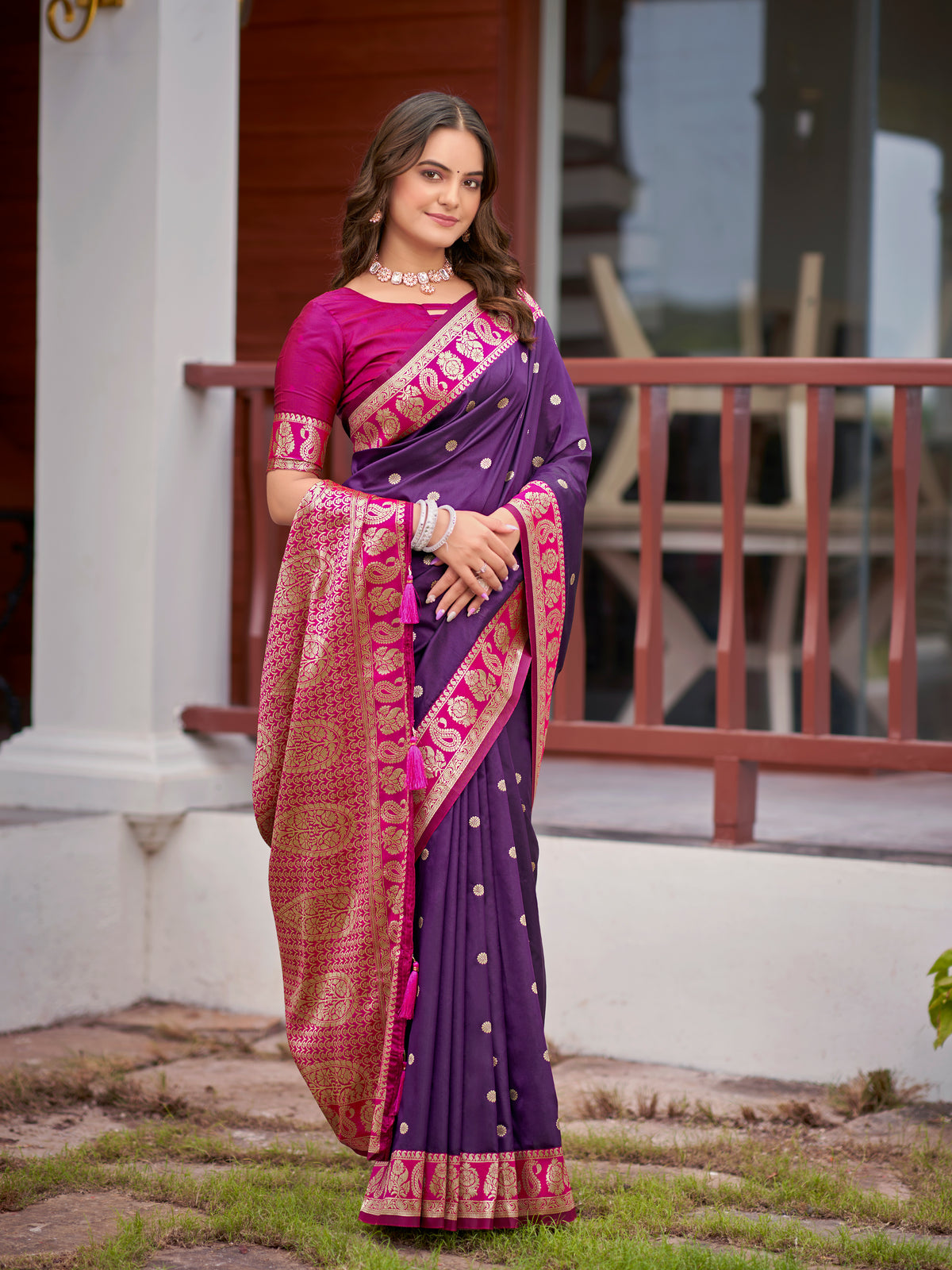 Royal Purple Silk Saree with Magenta Pink & Gold Zari Border | Traditional Indian Ethnic Wear