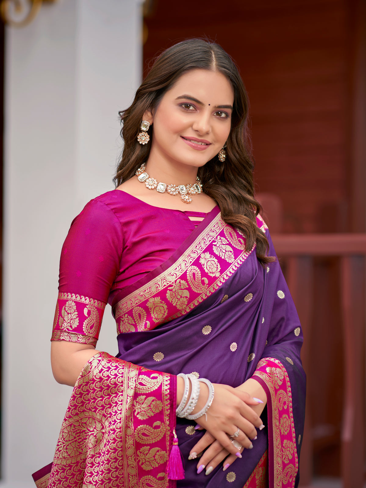 Royal Purple Silk Saree with Magenta Pink & Gold Zari Border | Traditional Indian Ethnic Wear