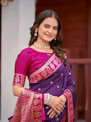 Deep Purple & Magenta Pink Woven Jacquard Silk Saree with Blouse Piece