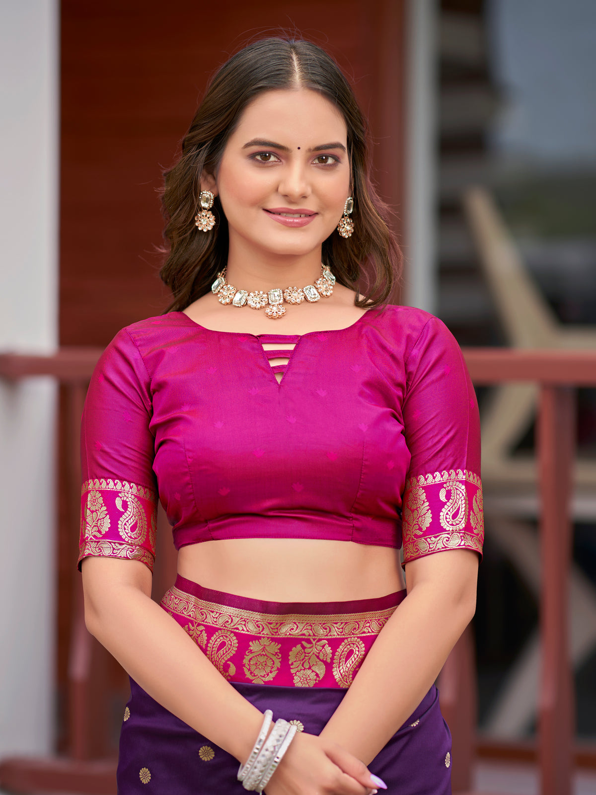 Royal Purple Silk Saree with Magenta Pink & Gold Zari Border | Traditional Indian Ethnic Wear