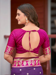 Royal Purple Silk Saree with Magenta Pink & Gold Zari Border | Traditional Indian Ethnic Wear