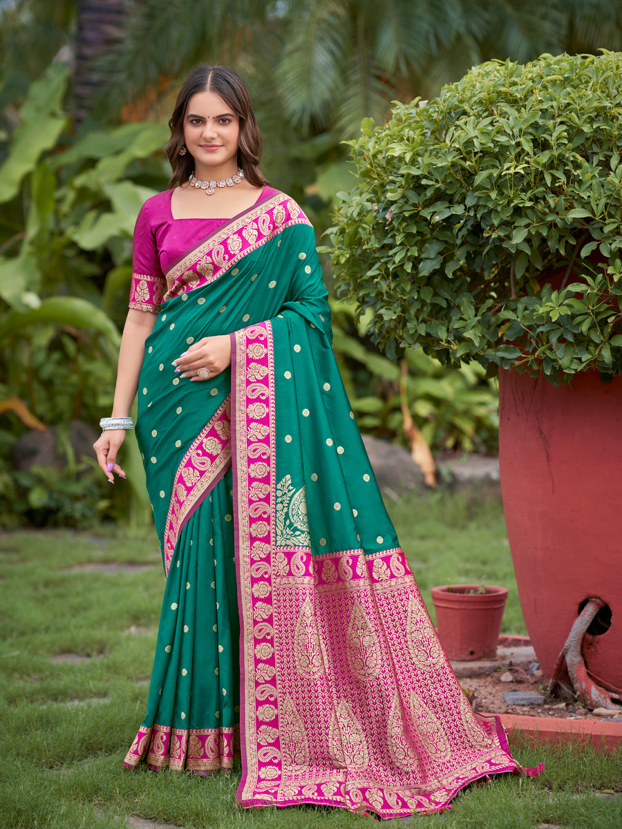 Teal Green & Rani Pink Designer Saree
