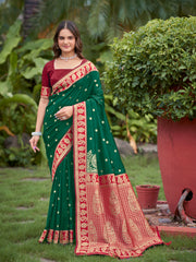Emerald Green & Maroon Designer Saree with Gold-Tone Butti & Rich Border