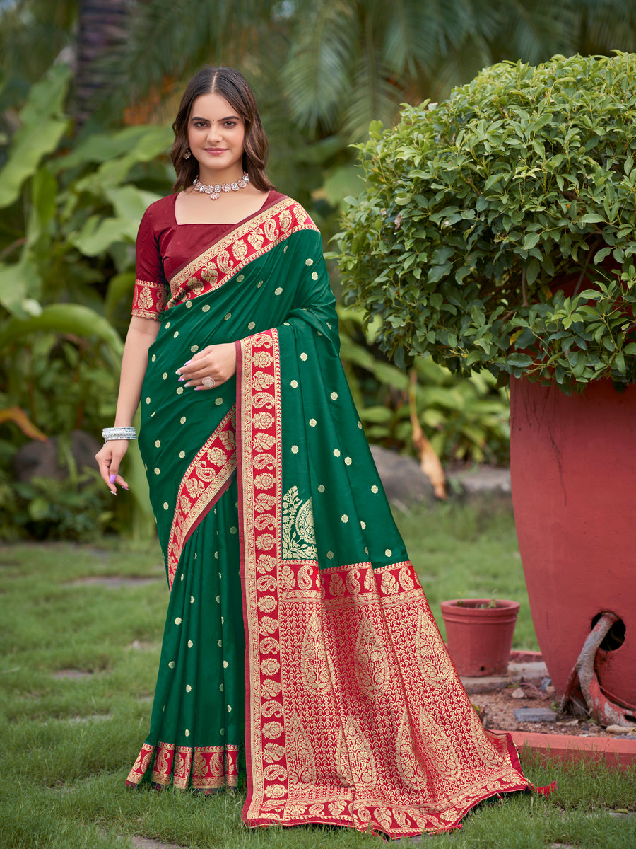 Emerald Green & Maroon Designer Saree with Gold-Tone Butti & Rich Border