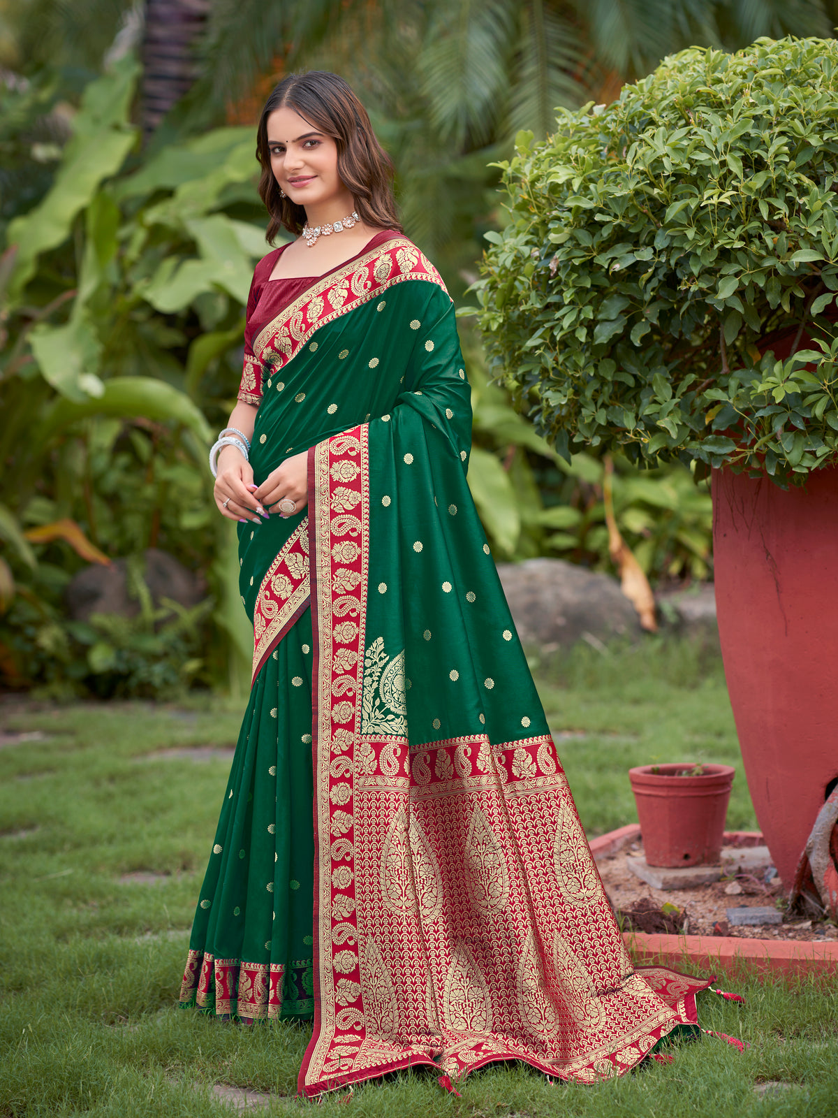 Emerald Green & Maroon Designer Saree with Gold-Tone Butti & Rich Border