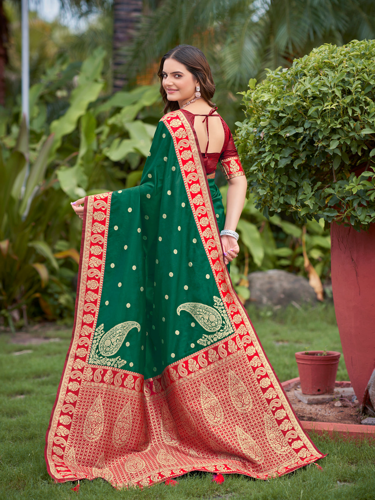 Emerald Green & Maroon Designer Saree with Gold-Tone Butti & Rich Border