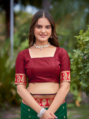 Emerald Green & Maroon Designer Saree with Gold-Tone Butti & Rich Border