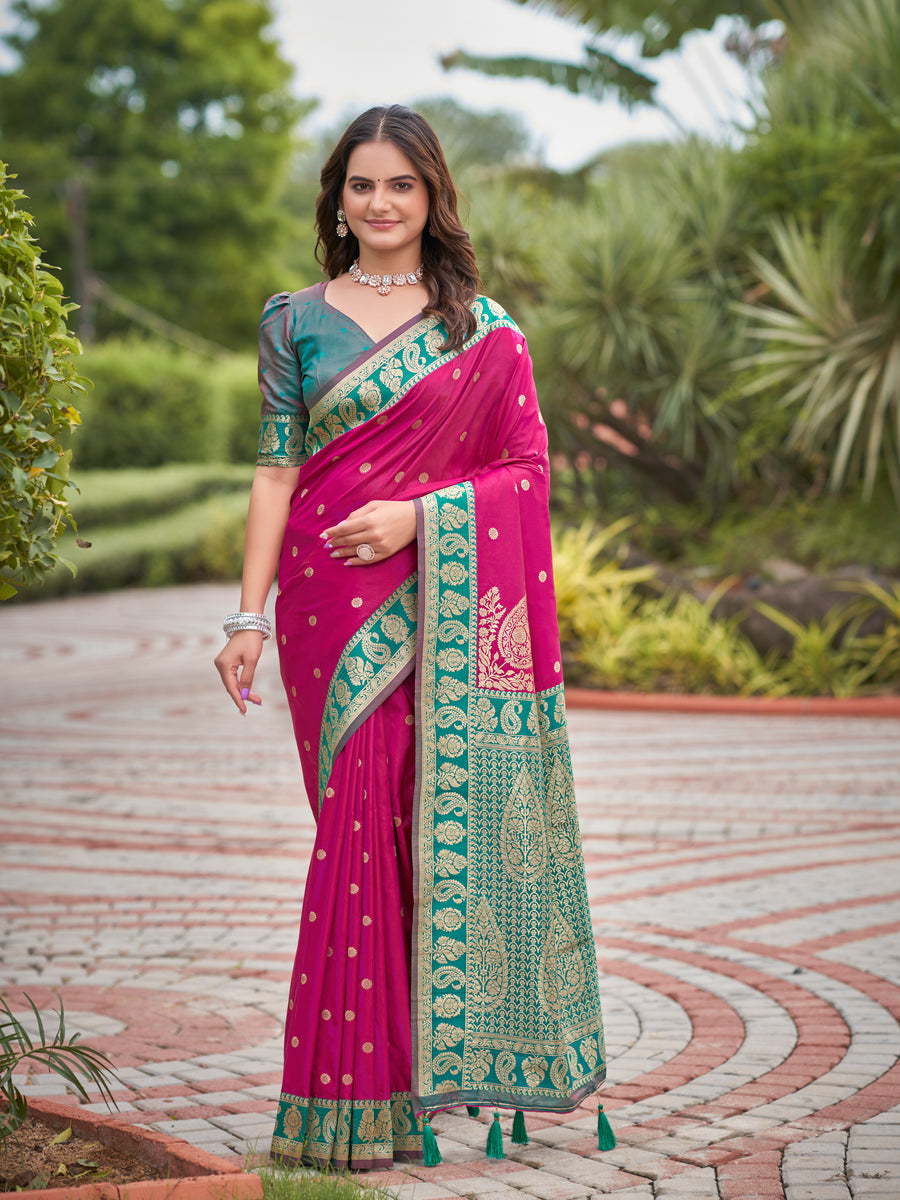 Magenta Pink & Teal Green Designer Saree with Gold-Tone Butti & Woven Border