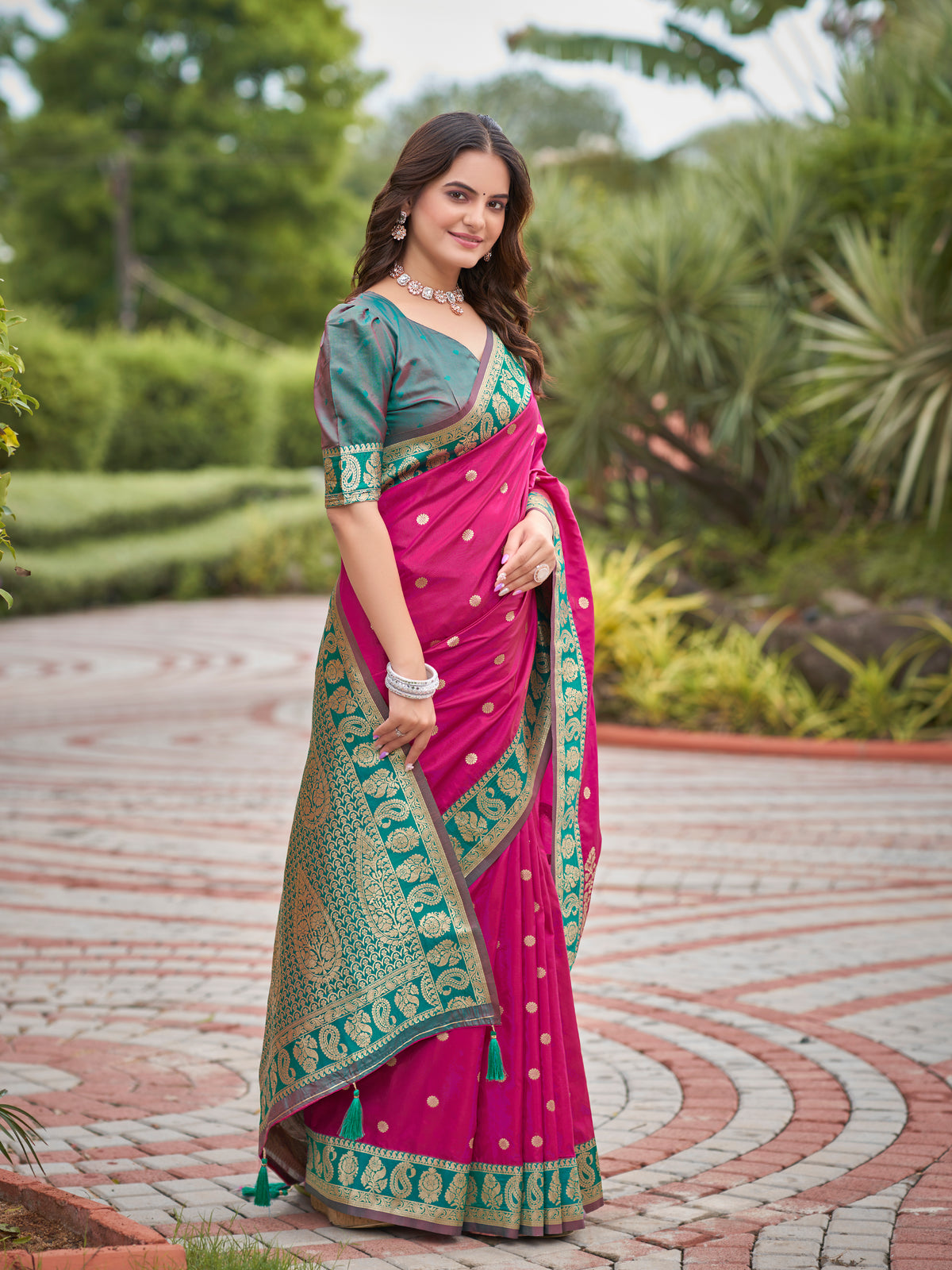 Magenta Pink & Teal Green Designer Saree with Gold-Tone Butti & Woven Border