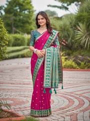 Magenta Pink & Teal Green Designer Saree with Gold-Tone Butti & Woven Border