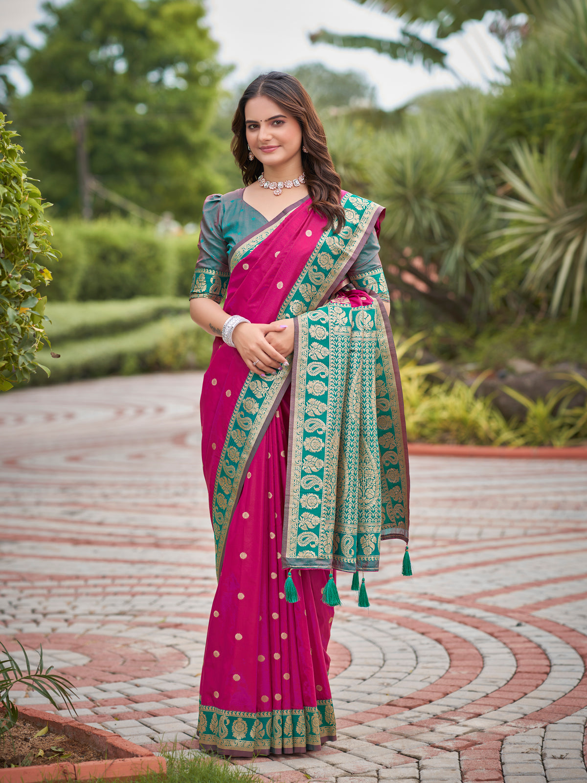 Magenta Pink & Teal Green Designer Saree with Gold-Tone Butti & Woven Border