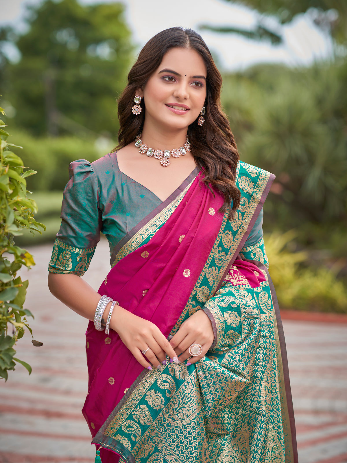 Magenta Pink & Teal Green Designer Saree with Gold-Tone Butti & Woven Border