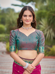Magenta Pink & Teal Green Designer Saree with Gold-Tone Butti & Woven Border