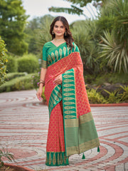 Coral Red & Emerald Green Woven Jacquard Silk Saree with Blouse Piece
