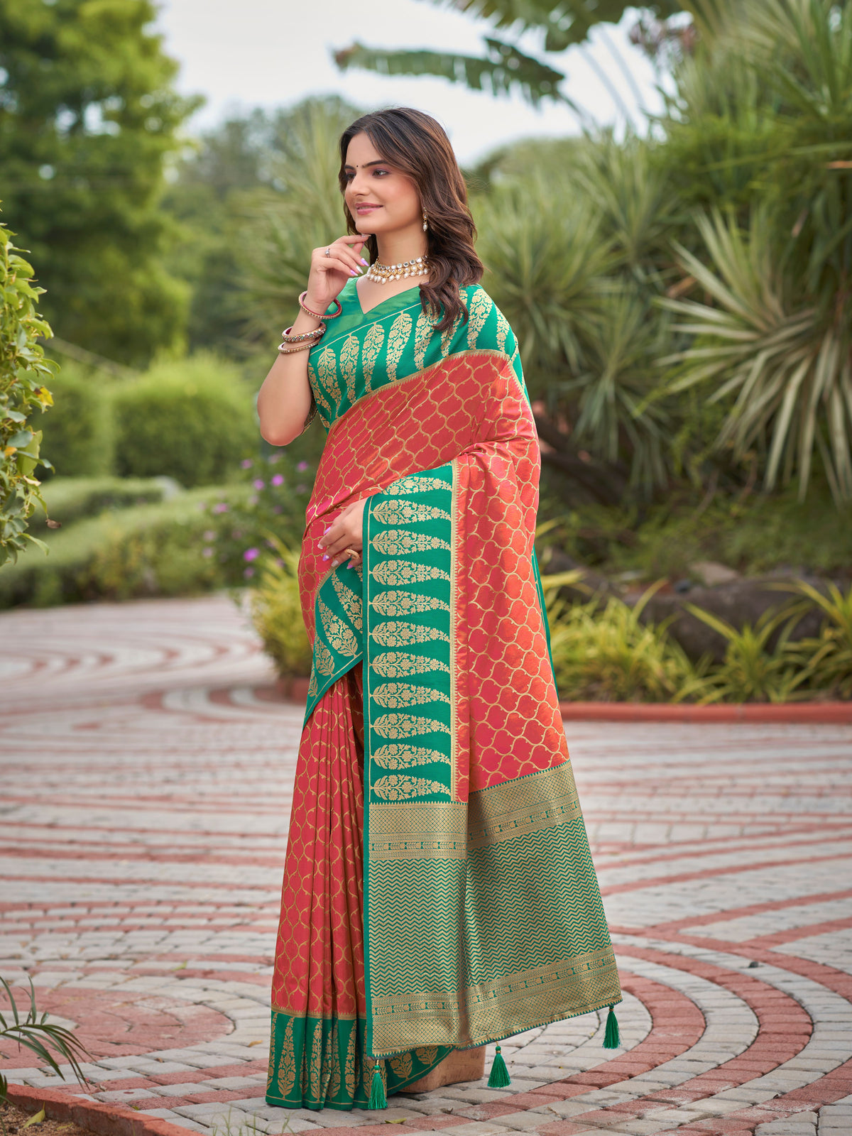 Coral Red & Emerald Green Woven Jacquard Silk Saree with Blouse Piece