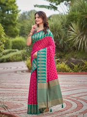 Rani Pink & Peacock Green Woven Jacquard Silk Saree with Blouse Piece