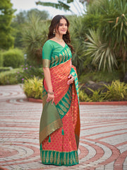 Coral Red & Emerald Green Woven Jacquard Silk Saree with Blouse Piece