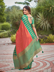 Coral Red & Emerald Green Woven Jacquard Silk Saree with Blouse Piece