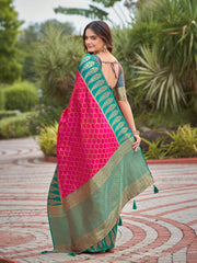 Rani Pink & Peacock Green Woven Jacquard Silk Saree with Blouse Piece