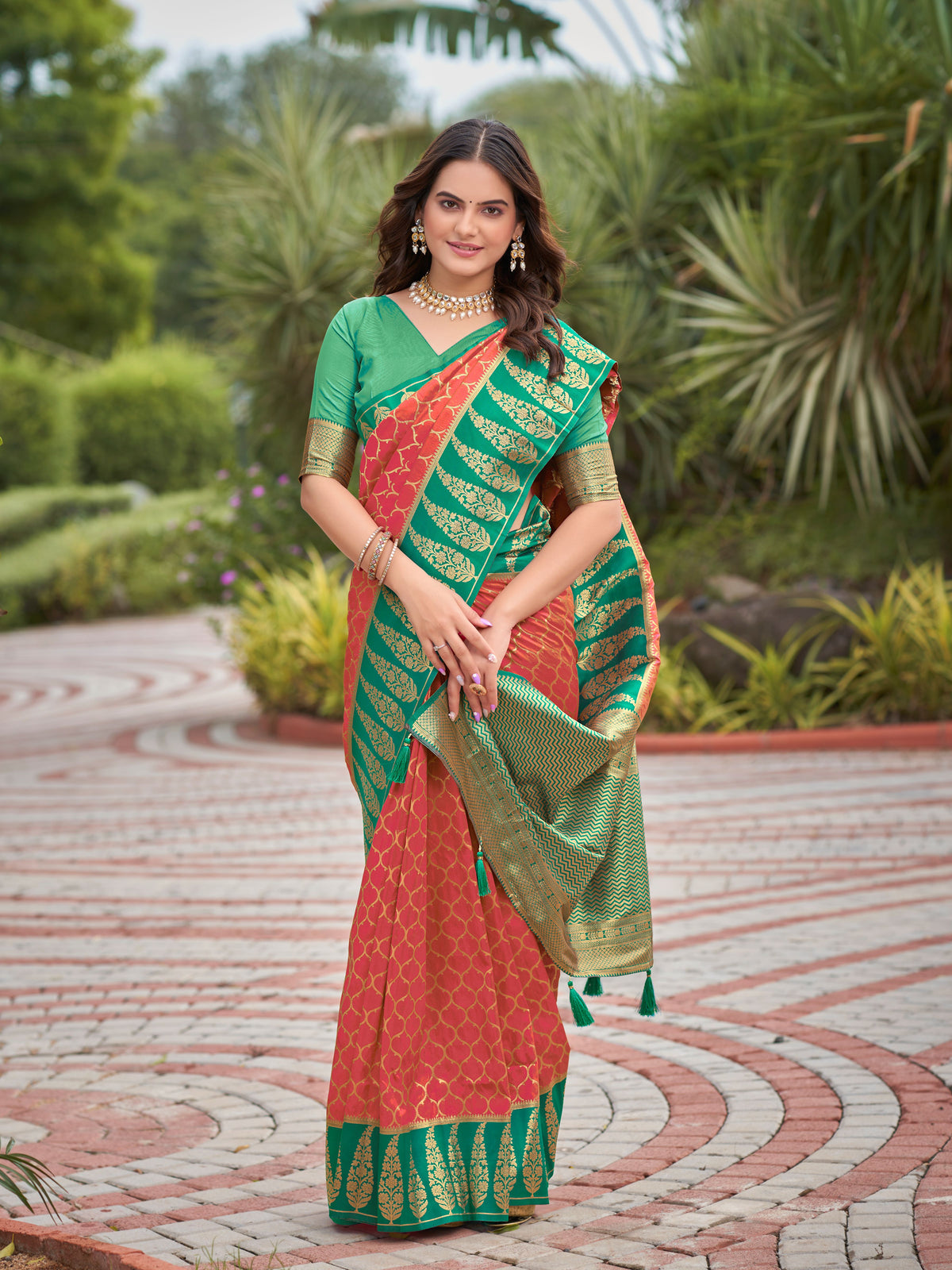 Coral Red & Emerald Green Woven Jacquard Silk Saree with Blouse Piece