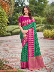 Emerald Green & Magenta Pink Woven Jacquard Silk Saree with Blouse Piece