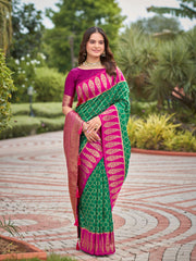 Emerald Green & Magenta Pink Woven Jacquard Silk Saree with Blouse Piece