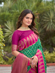 Emerald Green & Magenta Pink Woven Jacquard Silk Saree with Blouse Piece