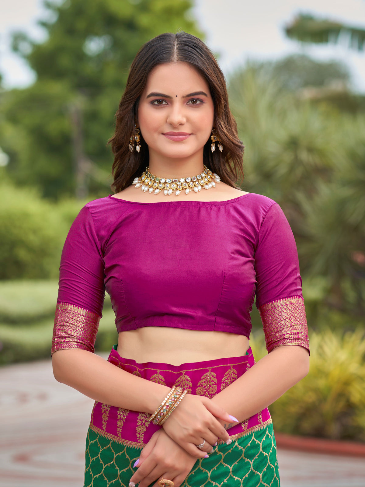 Emerald Green & Magenta Pink Woven Jacquard Silk Saree with Blouse Piece