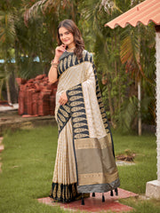 Off-White & Charcoal Grey Woven Jacquard Silk Saree with Blouse Piece