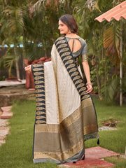 Off-White & Charcoal Grey Woven Jacquard Silk Saree with Blouse Piece