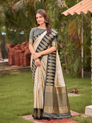 Off-White & Charcoal Grey Woven Jacquard Silk Saree with Blouse Piece