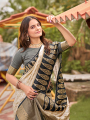 Off-White & Charcoal Grey Woven Jacquard Silk Saree with Blouse Piece