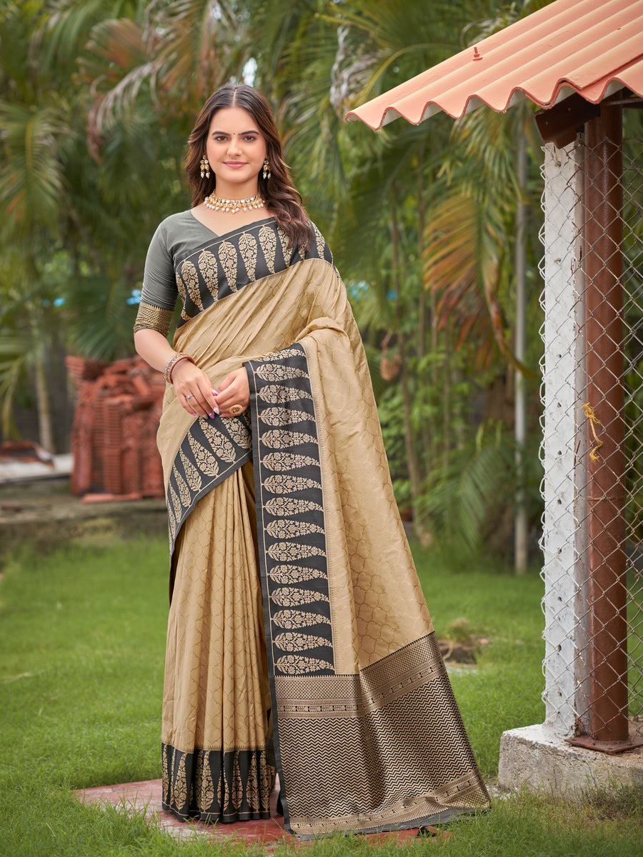 Beige Gold & Charcoal Grey Woven Jacquard Silk Saree with Blouse Piece