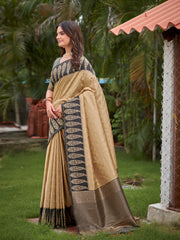 Beige Gold & Charcoal Grey Woven Jacquard Silk Saree with Blouse Piece