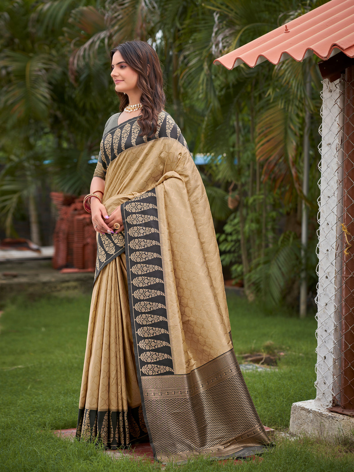 Beige Gold & Charcoal Grey Woven Jacquard Silk Saree with Blouse Piece