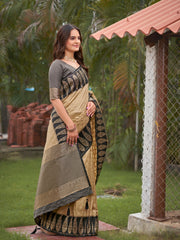 Beige Gold & Charcoal Grey Woven Jacquard Silk Saree with Blouse Piece