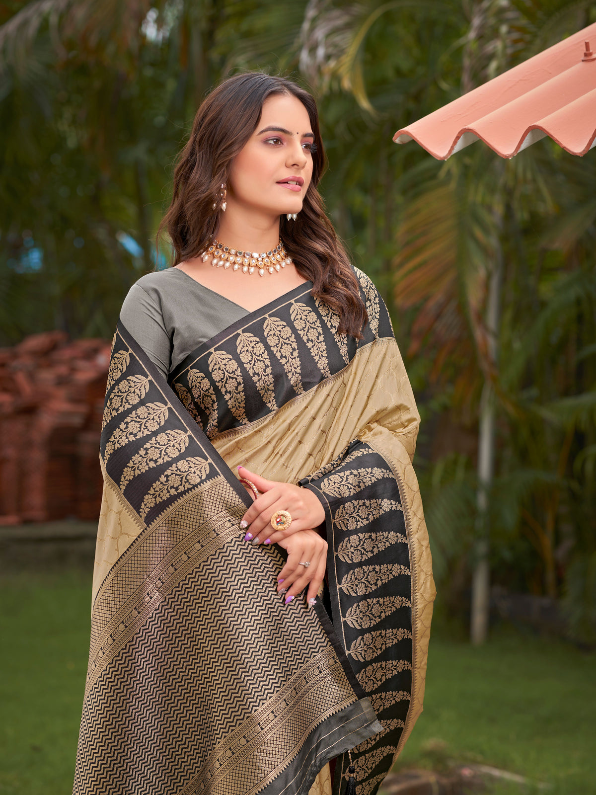 Beige Gold & Charcoal Grey Woven Jacquard Silk Saree with Blouse Piece