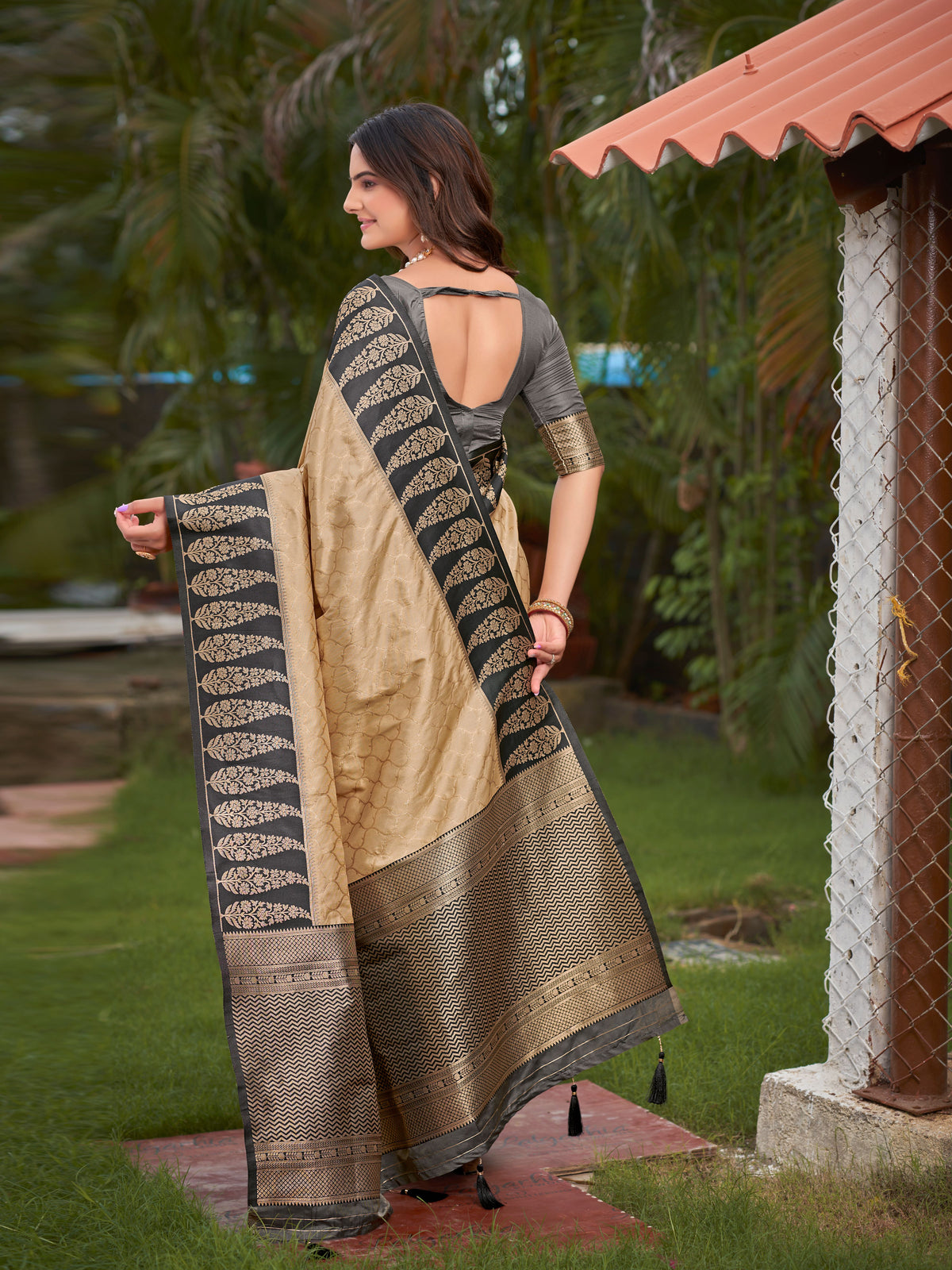 Beige Gold & Charcoal Grey Woven Jacquard Silk Saree with Blouse Piece