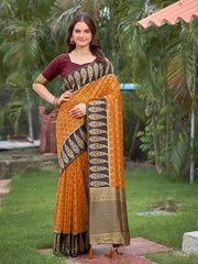 Mustard Yellow & Dark Wine Woven Jacquard Silk Saree with Blouse Piece
