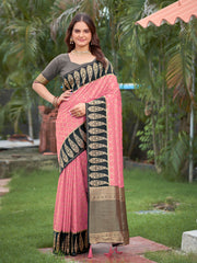 Elegant Pink & Black Jacquard Silk Saree with Zari Woven Paisley Border & Blouse Piece
