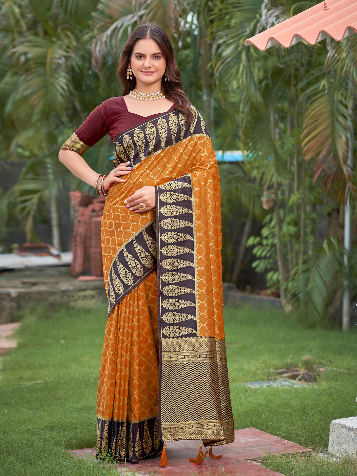 Vibrant Mustard Yellow Jacquard Silk Saree with Dark Brown Zari Paisley Woven Border & Blouse Piece