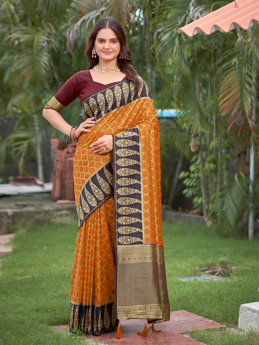 Vibrant Mustard Yellow Jacquard Silk Saree with Dark Brown Zari Paisley Woven Border & Blouse Piece